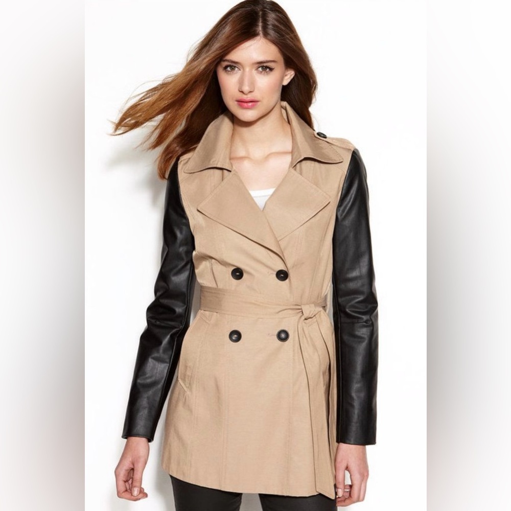 Rachel Roy trench coat with faux leather sleeves, size medium